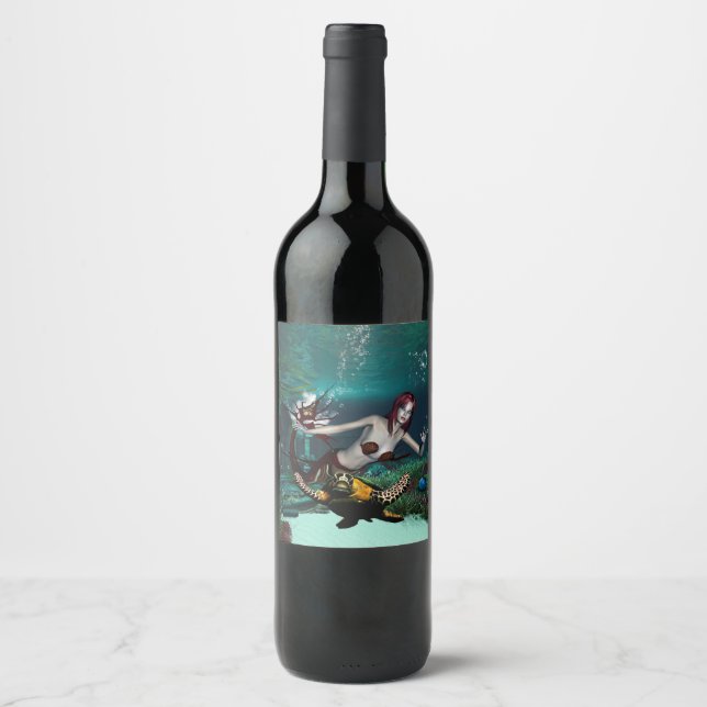 Étiquette Pour Bouteilles De Vin Merveilleuse sirène avec tortue (Devant)