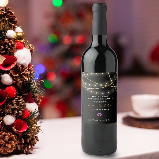 Étiquette Pour Bouteilles De Vin Message de Merci à chaîne noire Entreprise (Black String Lights Thank You Message Corporate Wine Label)
