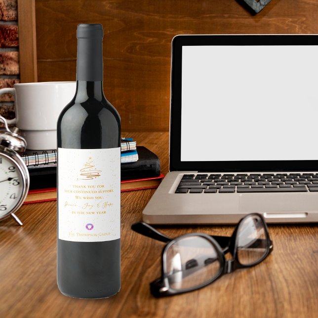 Étiquette Pour Bouteilles De Vin Message de remerciement d'entreprise pour un arbre (Gold Christmas Tree Thank You Message Corporate Wine Label)