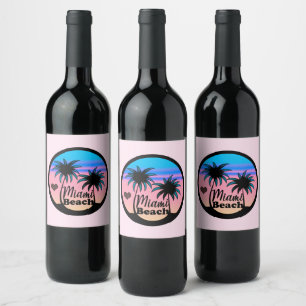 Étiquette Pour Bouteilles De Vin Miami Beach Bleu et Palmiers roses