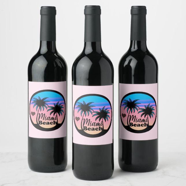 Étiquette Pour Bouteilles De Vin Miami Beach Bleu et Palmiers roses (Bouteilles)
