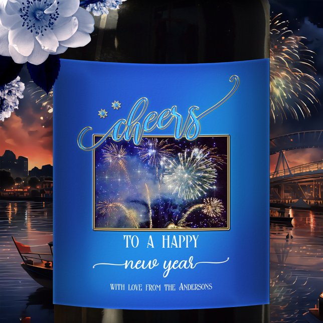 Étiquette Pour Bouteilles De Vin Midi Bleu Cheval Nouvel An Photo Vin Étiquette (A festive Cheers to the New Year wine label in midnight blue, with the option to add your own photo)