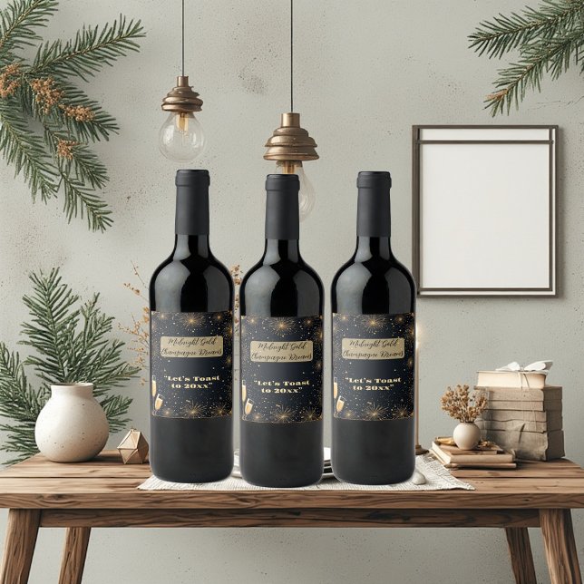 Étiquette Pour Bouteilles De Vin Midnight Gold Champagne Dreams Bubbly New Year Fun (Midnight Gold Champagne Dreams Bubbly New Year Fun Wine Label)