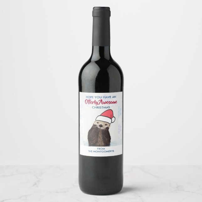 Étiquette Pour Bouteilles De Vin Mignonne Otter portant un chapeau de Père Noël (Devant)