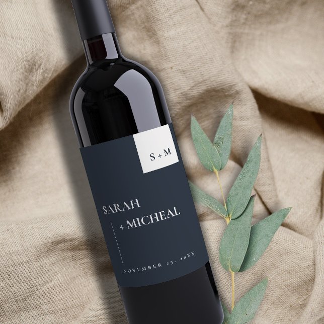 ÉTIQUETTE POUR BOUTEILLES DE VIN MINIMAL CHIC SCANDI MARIAGE DE MONOGRAMME NOIR ET  (Créateur téléchargé)