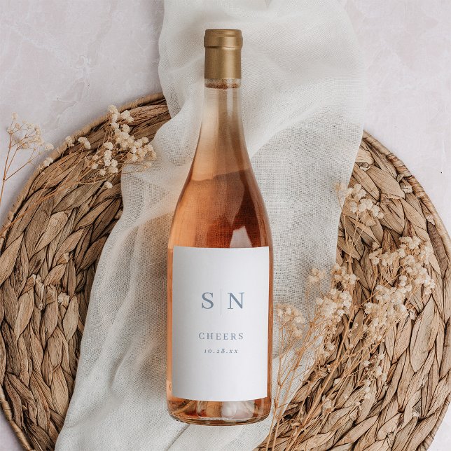 Étiquette Pour Bouteilles De Vin Minimal et chic | Monogramme blanc et bleu (Créateur téléchargé)