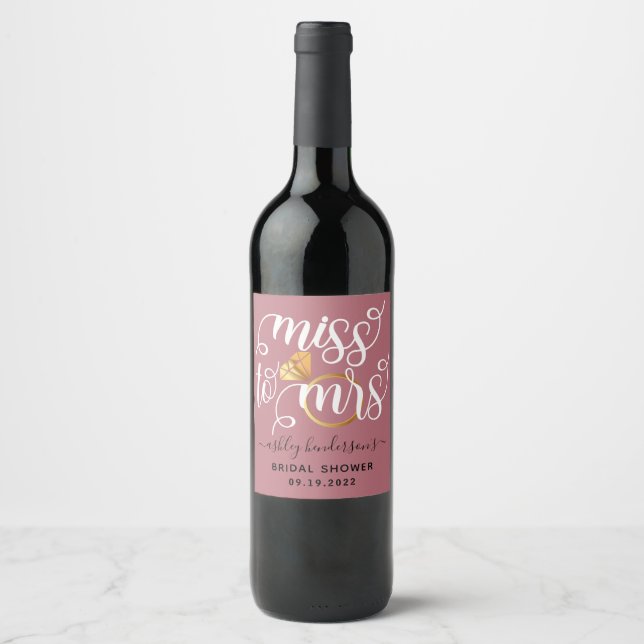 Étiquette Pour Bouteilles De Vin Mlle à Mme Rose Gold Shower de Mariage (Devant)