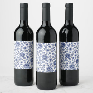 Étiquette Pour Bouteilles De Vin Modèle Floral Royal Bleu Rose