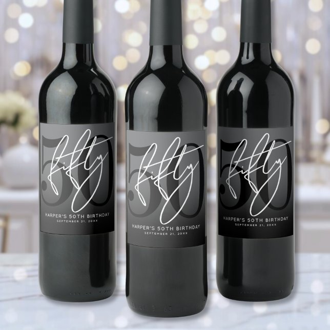 Étiquette Pour Bouteilles De Vin Modern Black 50th Birthday Party (Modern Black 50th Birthday Party Wine Label )
