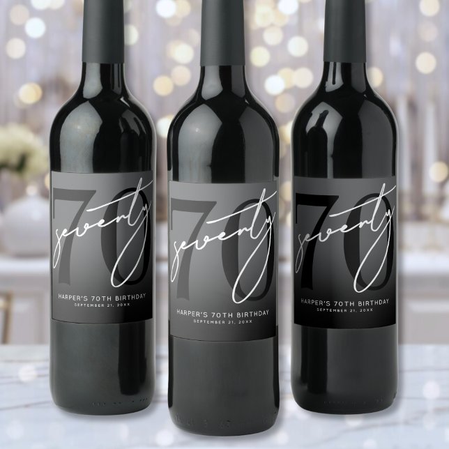 Étiquette Pour Bouteilles De Vin Modern Black 70th Birthday Party (Modern Black 70th Birthday Party Wine Label)