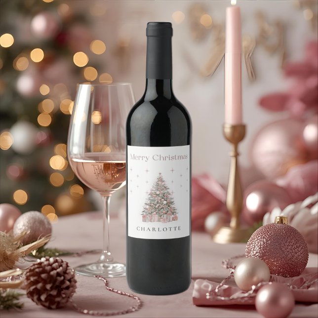 Étiquette Pour Bouteilles De Vin Modern Blush Christmas Tree Wine Label (Créateur téléchargé)