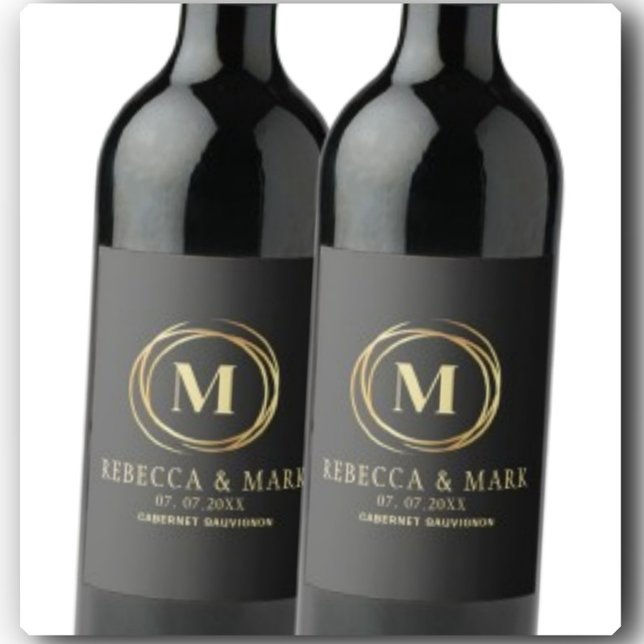 Étiquette Pour Bouteilles De Vin Modern metallic gold circle shape faux monogram (Créateur téléchargé)