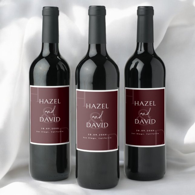 Étiquette Pour Bouteilles De Vin Modern Minimalist Burgundy Monogram Wedding (Créateur téléchargé)