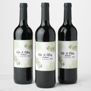 Étiquette Pour Bouteilles De Vin Moderne Blanc et Vert Floral Mr & Mrs Aquarelle 