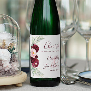 Étiquette Pour Bouteilles De Vin Moderne Bourgogne Blush Floral Greenery Mariage