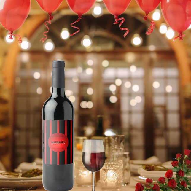Étiquette Pour Bouteilles De Vin Moderne Élégante Rayures Rouge et Noir Nom ou Mono (Elegant black and red striped set of 6 labels personalized by you)