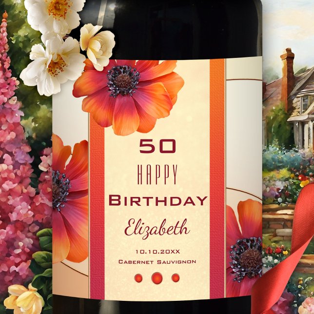 Étiquette Pour Bouteilles De Vin Moderne Floral Étiquette de vin d'anniversaire (Wine label featuring festive flowers on an elegant ivory and peach design. Great for her birthday)