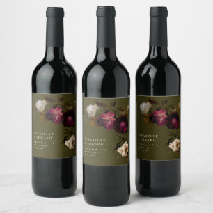Étiquette Pour Bouteilles De Vin Moderne Mariage Floral Foncé Romantique
