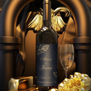 Étiquette Pour Bouteilles De Vin Moderne minimaliste Bleu profond & Or Fleur botani