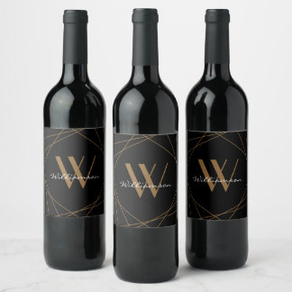 Étiquette Pour Bouteilles De Vin Moderne Monogramme Or Noir Nom Script Géométrique