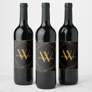 Étiquette Pour Bouteilles De Vin Moderne Or Noir Monogramme Nom Script Géométrique