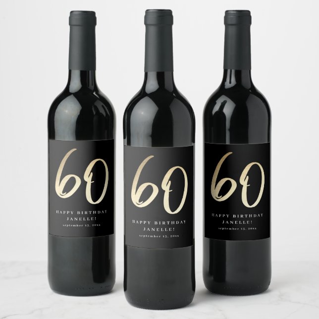 Étiquette Pour Bouteilles De Vin Moderne Script 60e Anniversaire Noir & Or (Bouteilles)