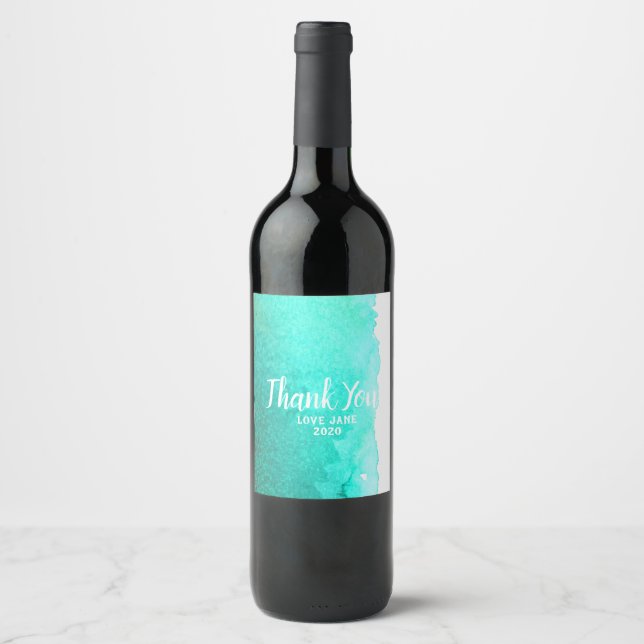 Étiquette Pour Bouteilles De Vin Moderne simple turquoise aquarelle merci cadeau (Devant)