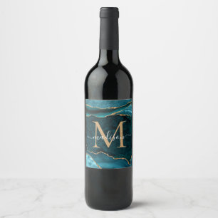 Étiquette Pour Bouteilles De Vin Moderne Turquoise Vert Or Agate Géode Chic Monogr