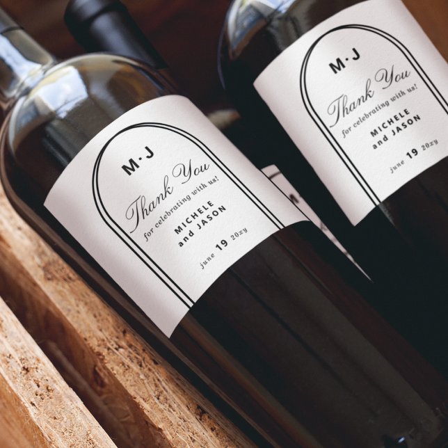 Étiquette Pour Bouteilles De Vin Monogram Custom Thank You White Black Arch Wedding (Créateur téléchargé)