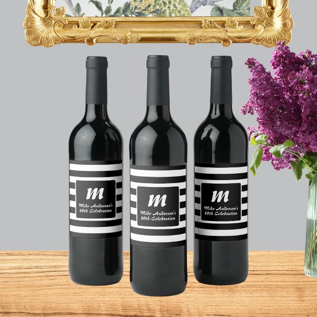 Étiquette Pour Bouteilles De Vin Monogramme à rayures noir et blanc (Créateur téléchargé)