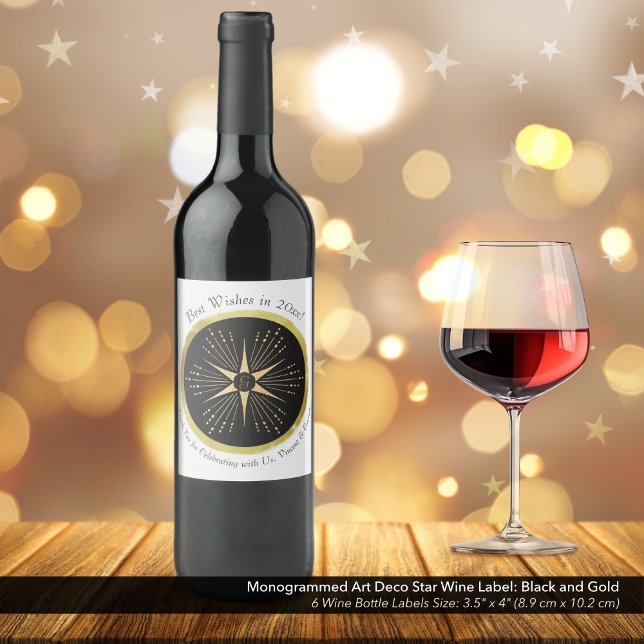 Étiquette Pour Bouteilles De Vin Monogramme Art déco étoile Noir et or (Monogrammed Art Deco Star Wine Bottle Label: Black and Gold )