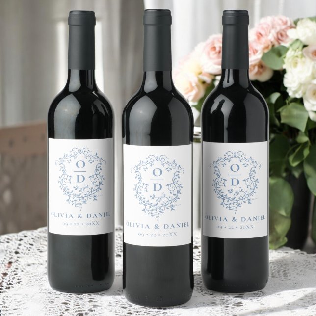 Étiquette Pour Bouteilles De Vin Monogramme bleu foncé Mariage Floral Crest (Créateur téléchargé)