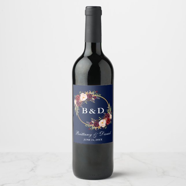 Étiquette Pour Bouteilles De Vin Monogramme bleu Mariage de couronne florale de Bou (Devant)