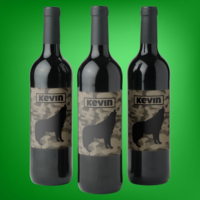 Étiquette Pour Bouteilles De Vin Monogramme Brown Camo Black Wolf Silhouette | (Créateur téléchargé)