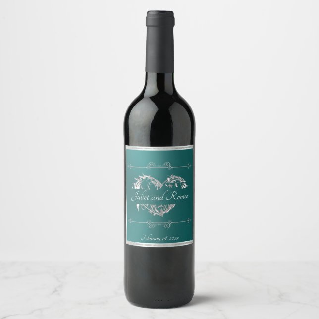 Étiquette Pour Bouteilles De Vin Monogramme Cœur Défilant - Turquoise (Devant)