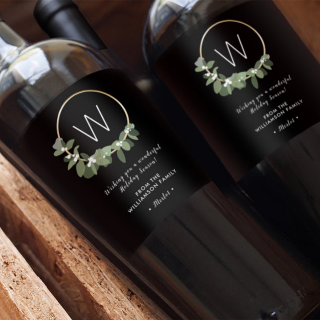 Étiquette Pour Bouteilles De Vin Monogramme Couronne moderne Noël personnalisé (Monogram Wine label wreath for Christmas.)