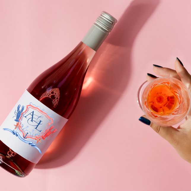 Étiquette Pour Bouteilles De Vin Monogramme Crête de Homard Rouge Bleu Nautique (Créateur téléchargé)