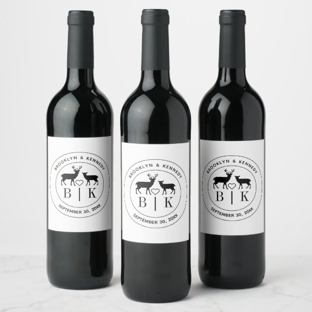 Étiquette Pour Bouteilles De Vin Monogramme de cerf Mariage rustique Couple Nom (Bouteilles)