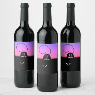 Étiquette Pour Bouteilles De Vin Monogramme de chat noir Sunset Halloween