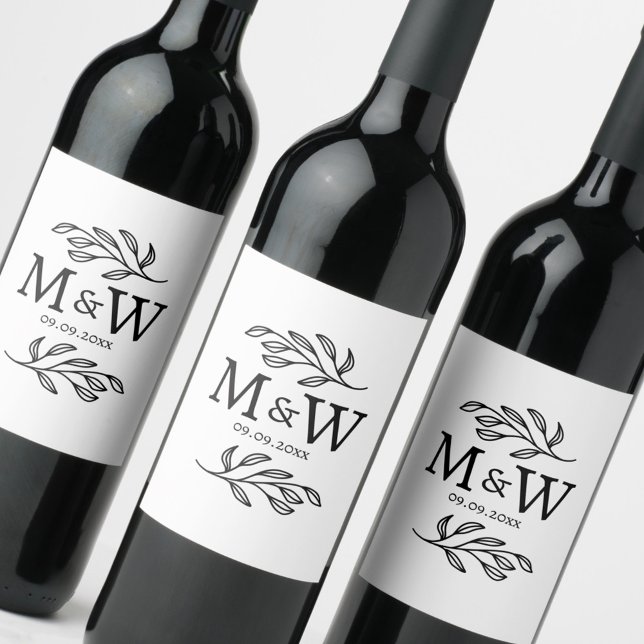 Étiquette Pour Bouteilles De Vin Monogramme de couple Date de mariage Élégant Botan (Modern wedding couple monogram initials date wine bottle label)