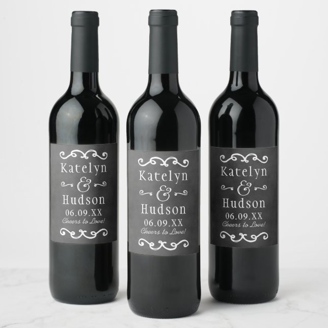 Étiquette Pour Bouteilles De Vin Monogramme de mariage écriture tableau noir rustiq (Bouteilles)