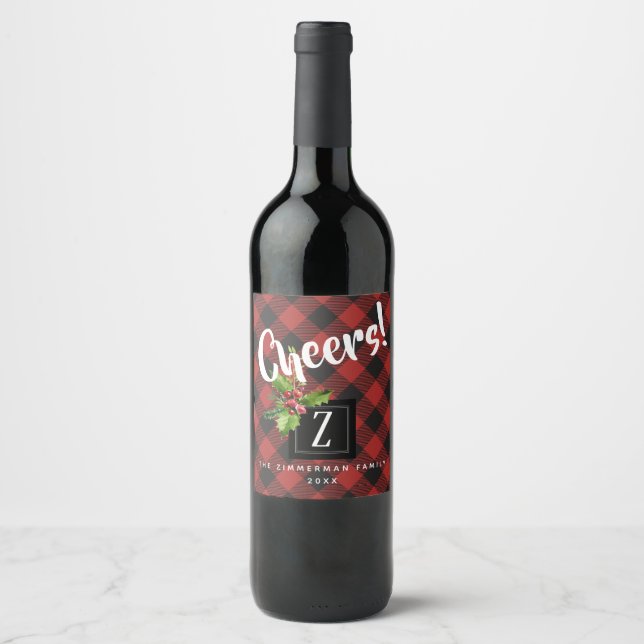 Étiquette Pour Bouteilles De Vin Monogramme de Noël de Buffalo rouge et noir (Devant)