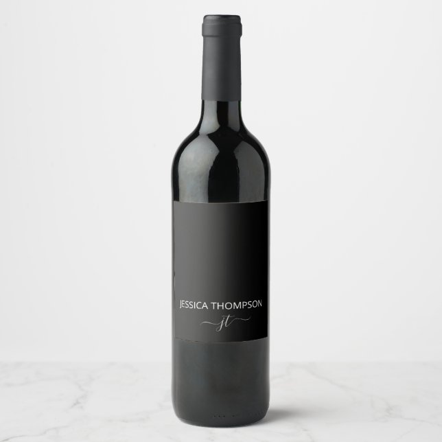 Étiquette Pour Bouteilles De Vin Monogramme de nom de script simple noir moderne fé (Devant)