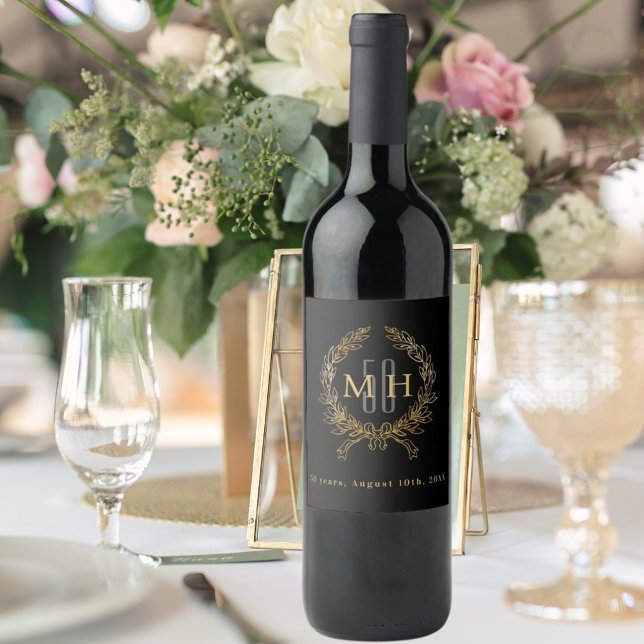 Étiquette Pour Bouteilles De Vin Monogramme d'or noir 50e anniversaire de mariage (Créateur téléchargé)