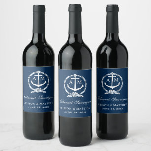 Étiquette Pour Bouteilles De Vin Monogramme du Mariage d'Ancre bleu marine
