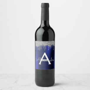 Étiquette Pour Bouteilles De Vin Monogramme en métal brossé avec paillettes bleu ma