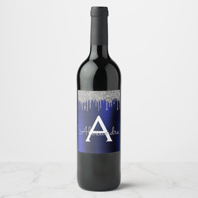 Étiquette Pour Bouteilles De Vin Monogramme en métal brossé pailleté bleu marine ar (Devant)