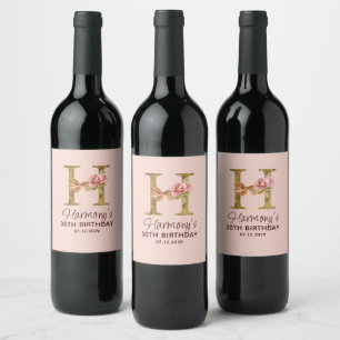 Étiquette Pour Bouteilles De Vin Monogramme en or lettre H Roses rose pâle