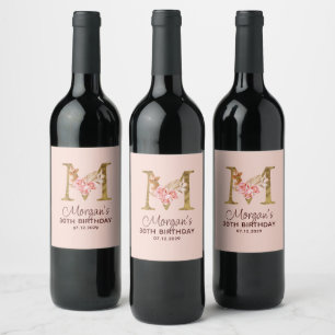 Étiquette Pour Bouteilles De Vin Monogramme en or lettre M Roses roses blush