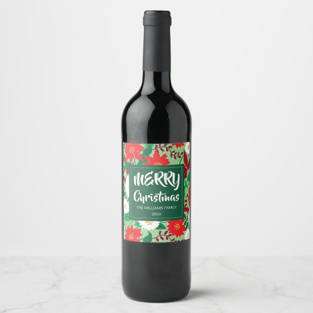 Étiquette Pour Bouteilles De Vin Monogramme floral blanc rouge de Noël Poinsettia (Devant)